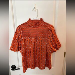 THML Orange Smocked Blouse with Flutter Sleeves